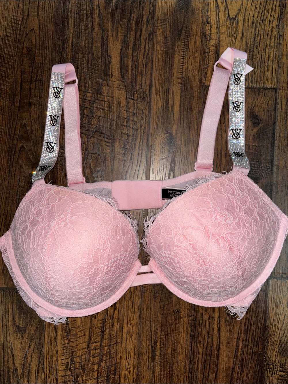 Victoria's Secret Light Pink Lace Push-Up Bra with Logo Straps